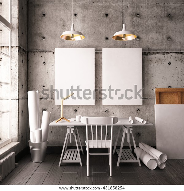 Desk Hipster Style Loft Mockup Interior Stock Illustration
