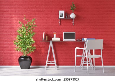 Desk In Home Office With Laptop Computer In Front Of A Red Wall (3D Rendering)