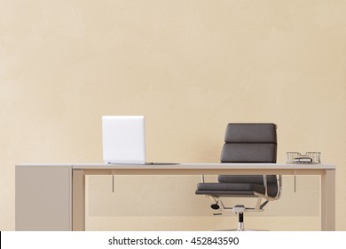 Desk With Laptop Computer In Home Office In Front Of An Empty Wall (3D Rendering)