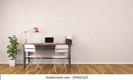 Desk With Laptop Computer Standing In Home Office In Front Of An Empty Wall (3D Rendering)