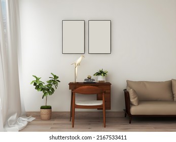 Desk room or home office mockup with 2 blank frames single wooden desk origami lamp plant and sofa. 3d rendering. 3d illustration