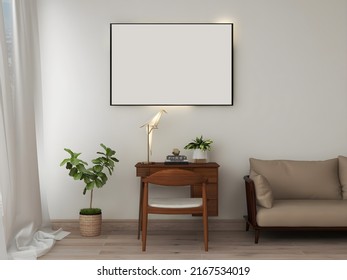 	
Desk room or home office mockup with big blank portrait frame single wooden desk origami lamp. 3d rendering. 3d illustration