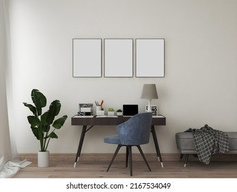 Desk Room Or Home Office Mockup With 3 Blank Frames Desk And Object Blue Chair Plant And Sofa. 3d Rendering. 3d Illustration