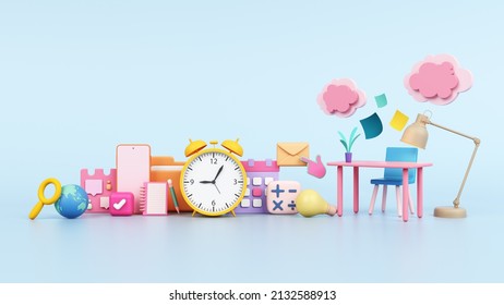 Desk Work At Home Or At Office Online Time Manage Study Schedule. Business Education With Stationery Are Floor Lamp, Smartphone, Calendar, Notebook And Clock Object Colorful Pastel. 3D Illustration.