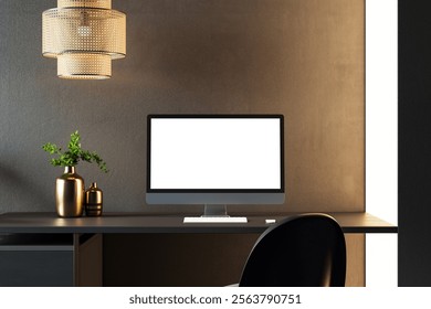 Desktop computer with blank screen on black desk, modern decor with golden vases and pendant lamp, in a clean and elegant office setup. 3D Rendering.