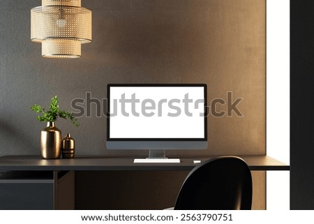 Desktop computer with blank screen on black desk, modern decor with golden vases and pendant lamp, in a clean and elegant office setup. 3D Rendering.