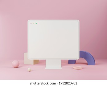 Desktop computer with geometric shape on minimal background. 3D rendering.