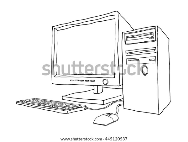 Desktop Computer Hand Drawn Line Art Stock Illustration 445120537