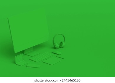 Desktop computer with keyboard, tablet, phone and DSLR camera on monochrome background. 3D render of creative designer equipment and compact workspace