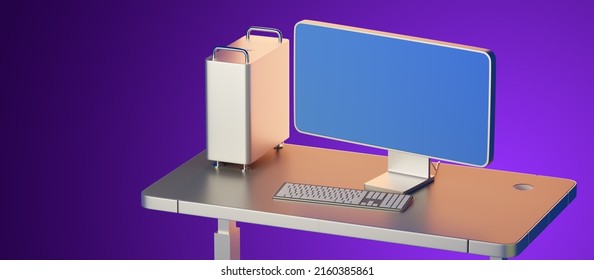 Desktop Computer. Monitor With Blank Screen On Purple. Personal Computer With System Unit. Computer With Large Monitor On Office Table. Monoblock With Blue Screen. Monoblock For Website. 3d Image.