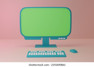 Desktop Computer Monitor, Keyboard And Mouse In 3D Space. Desktop. Green Screen For Insertion.