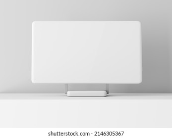 Desktop Computer Monitor White Clay Mockup With Blank Screen On White Cube, 3d Rendering