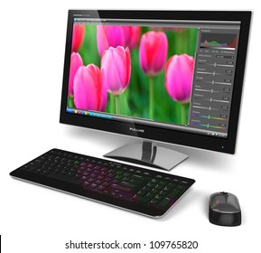 Desktop Computer With Photo Editing Software On Screen Isolated On White Background