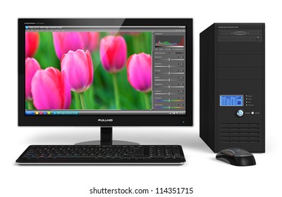 Desktop Computer With Photo Editing Software On Screen Isolated On White Background