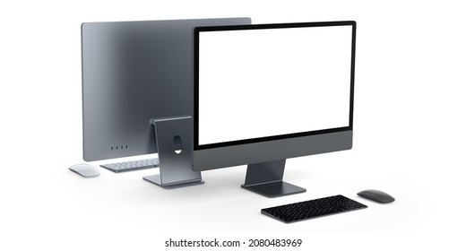 Desktop computer screen display with keyboard and mouse isolated on white background. 3D rendering of monitor for home studio workspace
