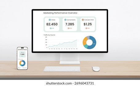 Desktop computer and smartphone displaying marketing performance dashboard with clicks, conversions, and cost per click in a clean digital workspace
