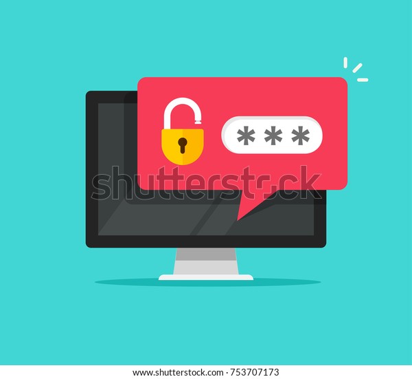 ロック解除されたパスワードバブル通知 フラットなカートーンデザイン またはオープンロックとパスワードのフィールドクリップアート画像を持つpc画面 を持つデスクトップコンピュータ のイラスト素材