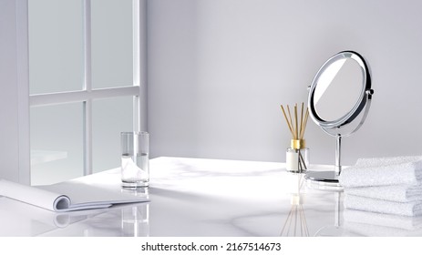 Desktop Makeup Cosmetic Mirror, White Towel, Diffuser Aroma Stick Fragrance On Marble Counter Table Near Window Light Bathroom Background.3d Illustration.