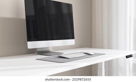 Desktop of modern white desk with computer, keyboard, mouse and laptop in sunlight from sheer curtain window on beige wall for home office working, technology, lifestyle product background 3D