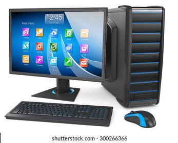 Desktop PC. Personal computer modern. Keyboard, display, mouse, tower case box. Isolated on white background 3d