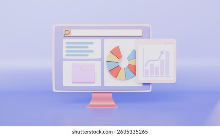 Desktop screen with graphs, optimization and profile, Pie chart with stock market