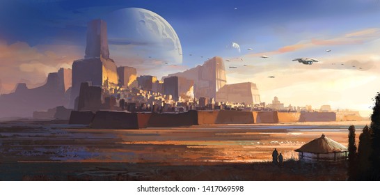 Desolate Alien, Desert Castle, Science Fiction Illustration, Digital Illustration,3D Rendering.