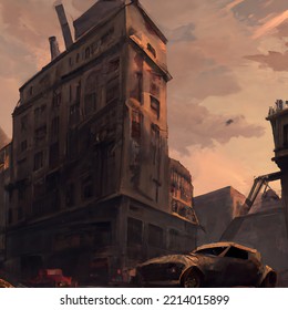 Desolate City With Tall, Haunted Buildings And Damage Car Around The Streets, Realistic Art