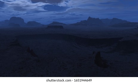 Desolate mountain landscape at night. 3D render.