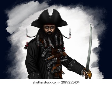 A Desperately Brave And Extremely Cruel Pirate Of All Time - Blackbeard. Fighting Saber, Smoking Beard. The History Of Navigation In Vivid Sketches.