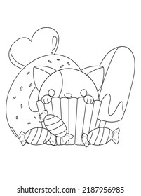 Dessert Coloring Page For Kids And Children. Cat Cupcake, Ice Cream, Doughnut, Candies. Black Outline On White Background