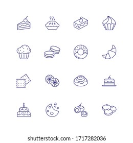Dessert line icon. Set of line icons on white background. Cake piece, chocolate bun, cookie. Bakery concept. can be used for topics like food, unhealthy eating, confectionary