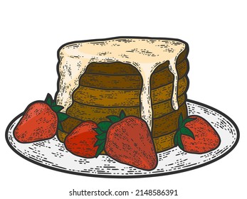 Dessert, pancakes on plates with berries and drizzled with syrup color. Line art sketch picture. Hand drawn. - Powered by Shutterstock