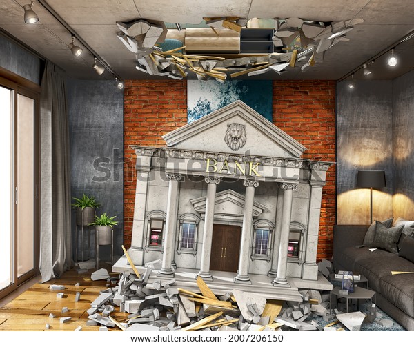 Destoyed interior concept, fallen bank\
building in interior, broken ceiling with the pieces all around,\
hole in ceiling, 3d\
illustration