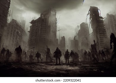 Destroyed Abandoned City, Digital Illustration, Ruins  Creepy Grunge Drawing Scary Horror Zombie Apocalypse, Buildings, Roads, Silhouettes of People