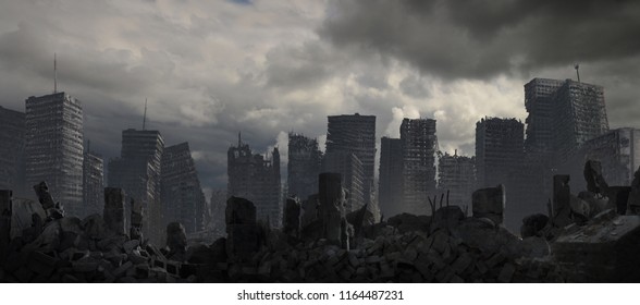 A destroyed cityscape beneath dark clouds.