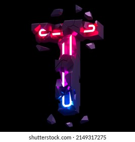 Destroyed Font With Ultraviolet Neon. Letter T. 3d Rendering