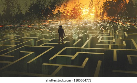 destroyed maze concept showing the man standing in a burnt labyrinth land, digital art style, illustration painting