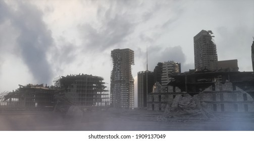 destroyed post-apocalyptic city after war and earthquake render 3d illustration