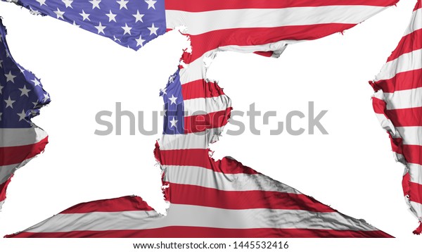 Destroyed United States of America flag, white\
background, 3d\
rendering