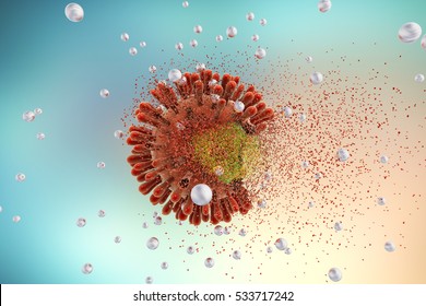 Destruction Of Human Immunodeficiency Virus HIV , AIDs Virus By Silver Nanoparticles, 3D Illustration. Concept For HIV Treatment And Prevention