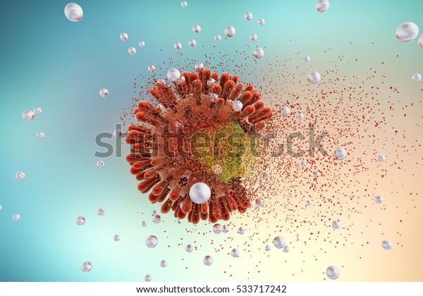 Destruction of Human Immunodeficiency Virus\
HIV , AIDs virus by silver nanoparticles, 3D illustration. Concept\
for HIV treatment and\
prevention