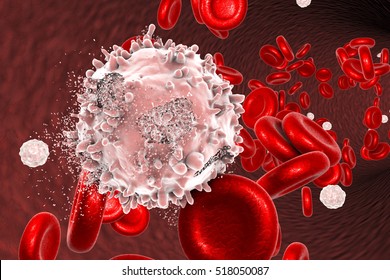 Destruction Of Leukaemia Cell, Conceptual Image. 3D Illustration Which Can Be Used To Illustrate Blood Cancer Treatment