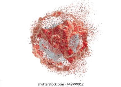 Destruction of a tumor cell. 3D illustration. Can be used to illustrate effect of drugs, medicines, microbes, nanoparticles