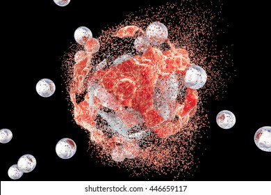 Destruction of a tumor cell by nanoparticles. 3D illustration. Can be used also to illustrate effect of drugs, medicines, microbes