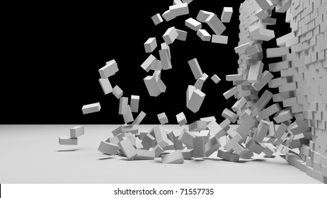 Destruction of a white brick wall
