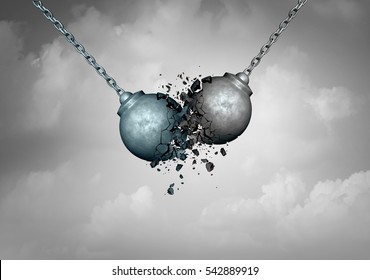 Destructive competition business concept as two wrecking balls colliding together resulting in smashed breakup as a rivalry struggle metaphor as a 3D illustration.
