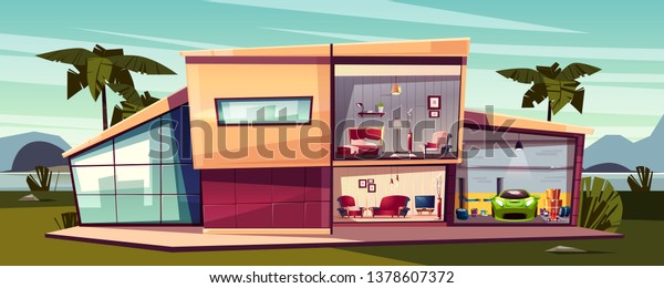 detached house with cross section between\
palms. Front view of cartoon multistorey private building, modern\
villa cottage with garage. Furniture in living room, bedroom.\
Architecture\
background