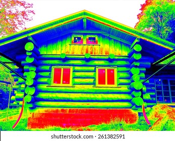 Detail of beams in cabin wall. Traditional construction of timber house in  thermography scan.