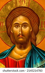 Detail Of Byzantine Or Orthodox Icon Depicting The Head Of Jesus Christ.