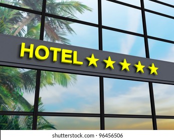 Detail Of A Five Stars Hotel With Reflecting Sky And Palm Trees